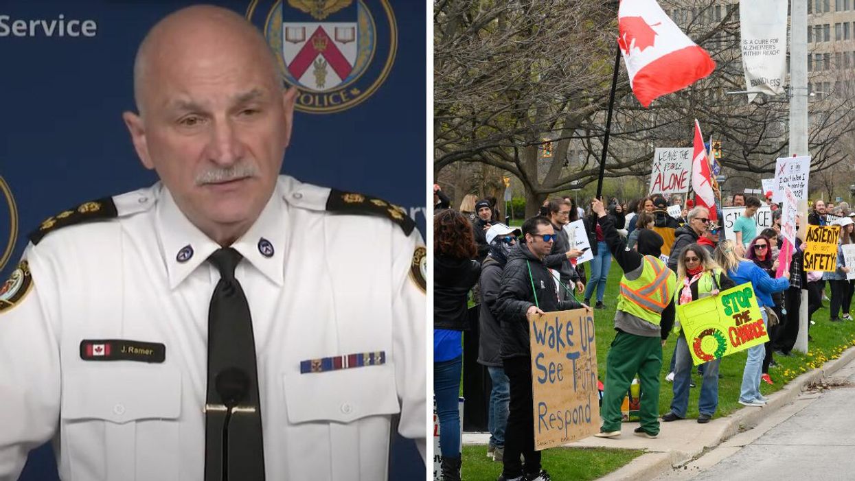 Chief James Ramer at a press conference. Right: A Toronto protest at Queen's Park.