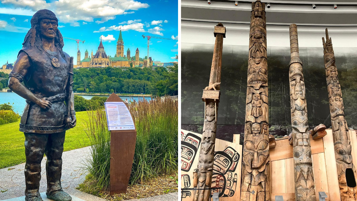 Chief Tessouat statue near the Ottawa River. Right: Totem poles in the Canadian Museum of History.