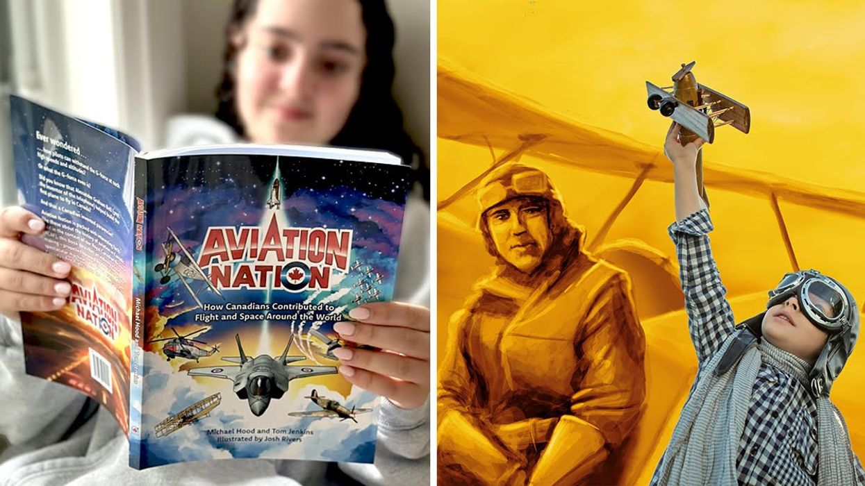 Child reading Aviation Nation book. Right: Kid imagines flight with airplane.