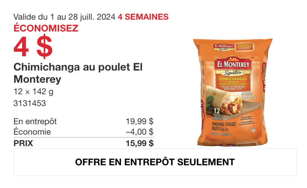 Chimichanga au poulet de El Monterey en rabais au Costco.