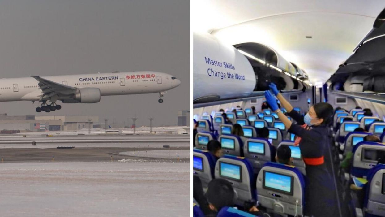 China Eastern Airline plane. Right: Inside of a China Eastern Airline plane showing passengers and a crew member.