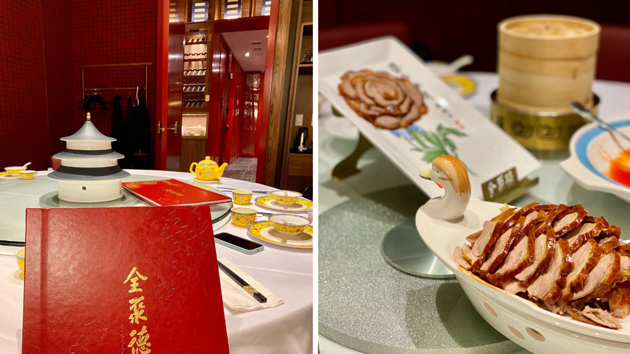 Chinese fine dining restaurant menu and set table. Right: Peking duck meal in Ottawa.