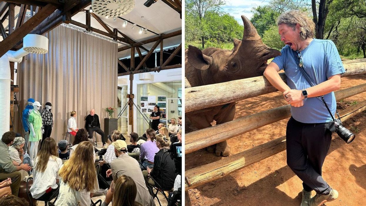 chip wilson speaking at an event. right: garrett camp with a rhino