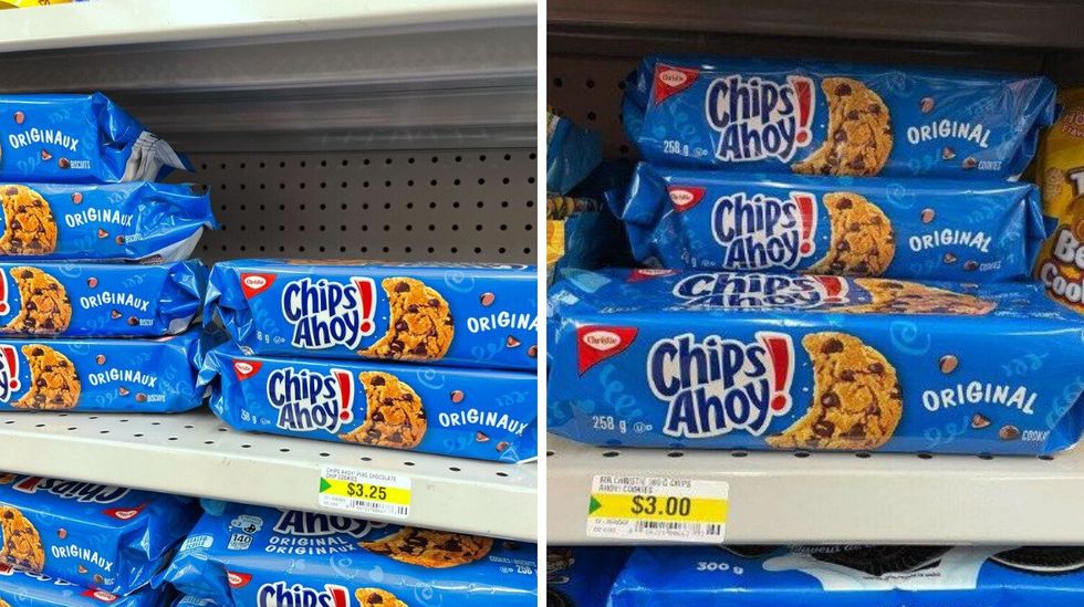 chips ahoy chocolate chip cookies on dollarama shelves in 2025. right: chips ahoy chocolate chip cookies on dollarama shelves in 2023