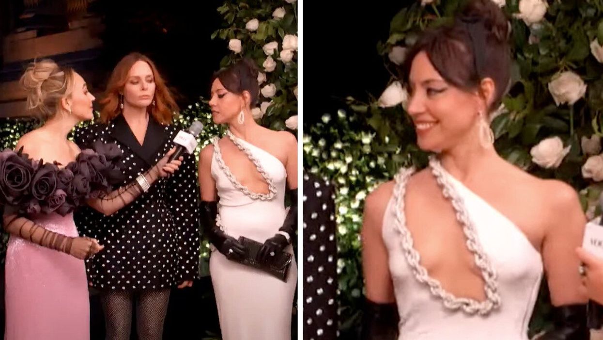 Chloe Fineman, Stella McCartney and Aubrey Plaza during a Vogue interview at the 2023 Met Gala. Right: Aubrey Plaza.