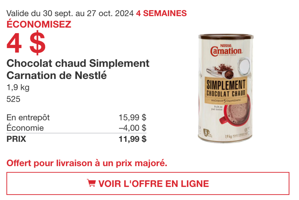 Chocolat chaud \u00ab Simplement \u00bb par Carnation de Nestl\u00e9 en rabais.