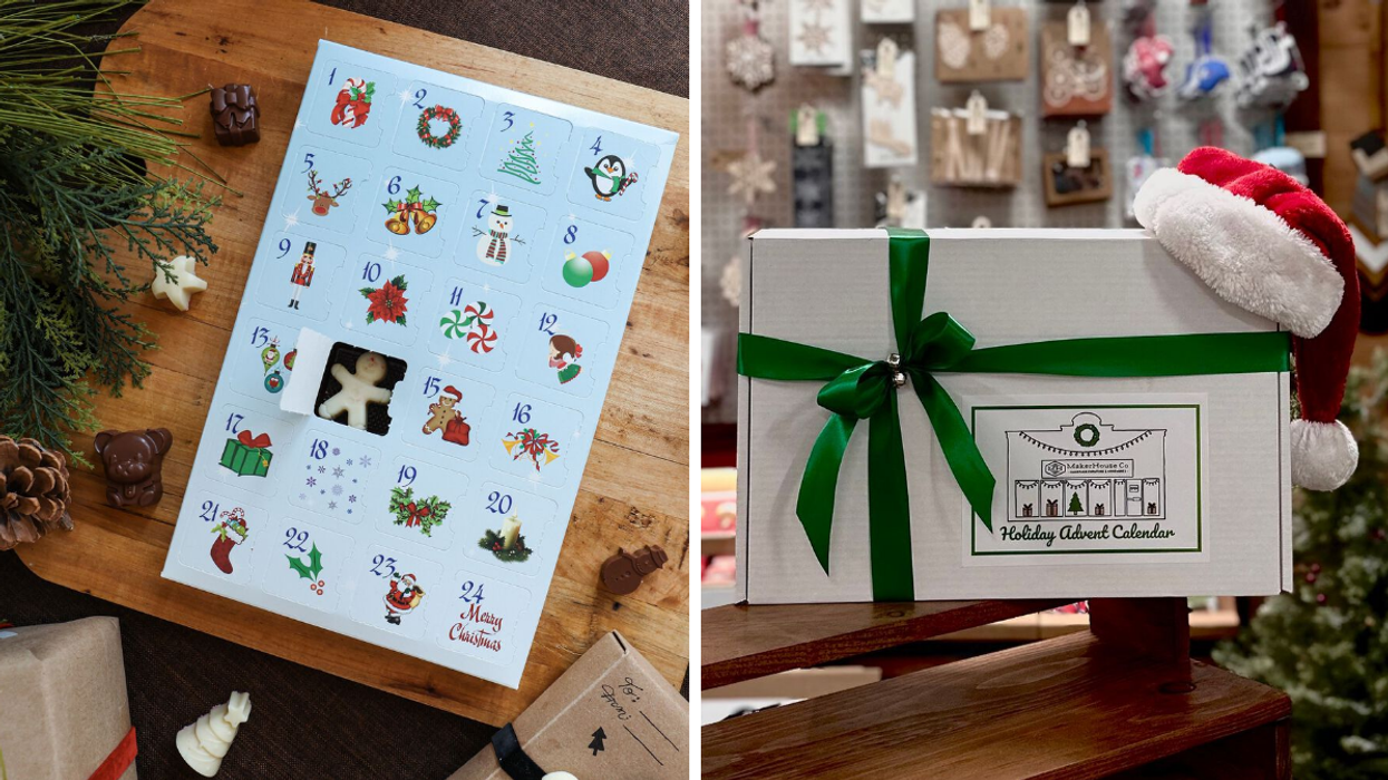 Chocolate advent calendar with festive photos. Right: Holiday advent calendar box.