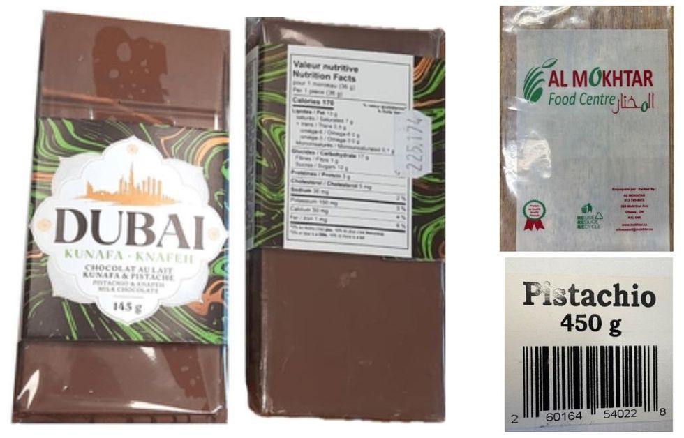 Chocolate and pistachio product labels.