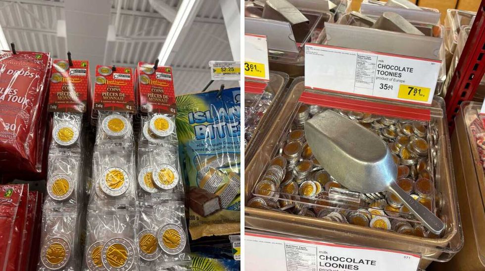 Chocolate toonies at Dollarama. Right: Chocolate toonies at Bulk Barn.