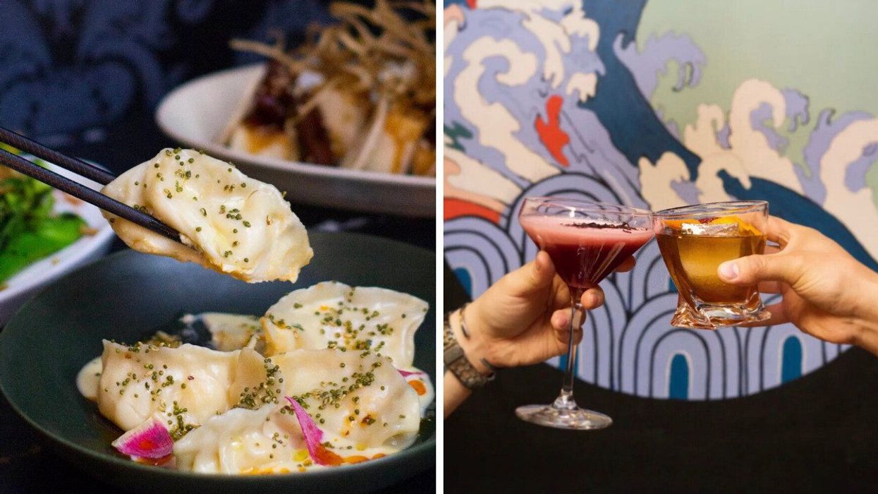 Chopsticks and dumplings. Right: Two drinks being held.
