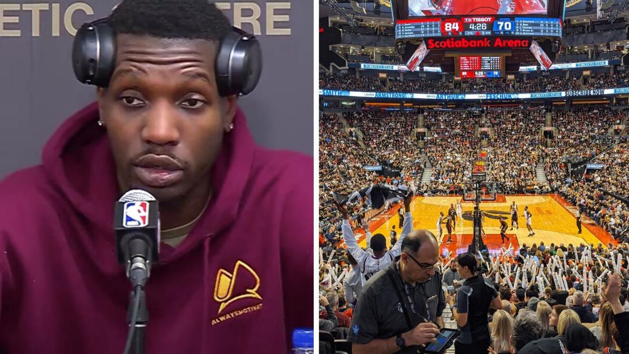 Chris Boucher during an interview. Right: The Toronto Raptors playing Scotiabank Arena.