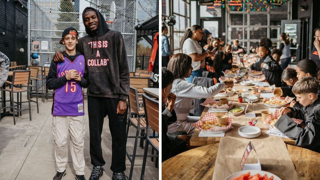 Chris Boucher posing with Henry Thompson. Right: Community kids enjoy meal
