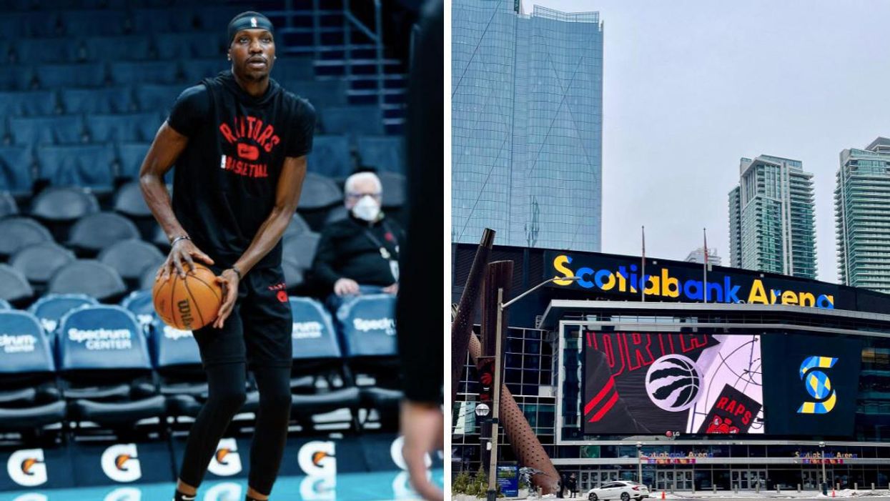 Chris Boucher warming up at Scotiabank Arena. Right: Scotiabank Arena on March 1, 2022.