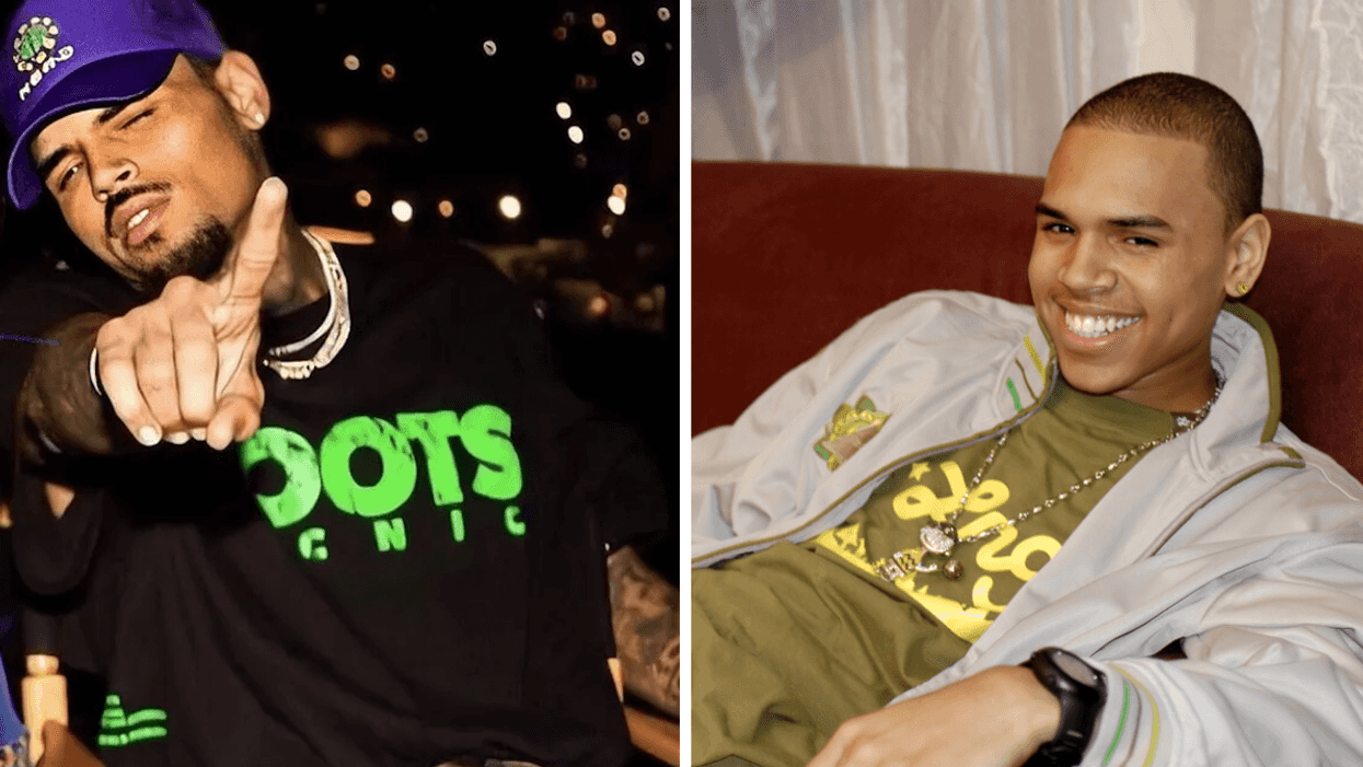 Chris Brown pointing his index finger up. Right: Chris Brown smiling on a couch.