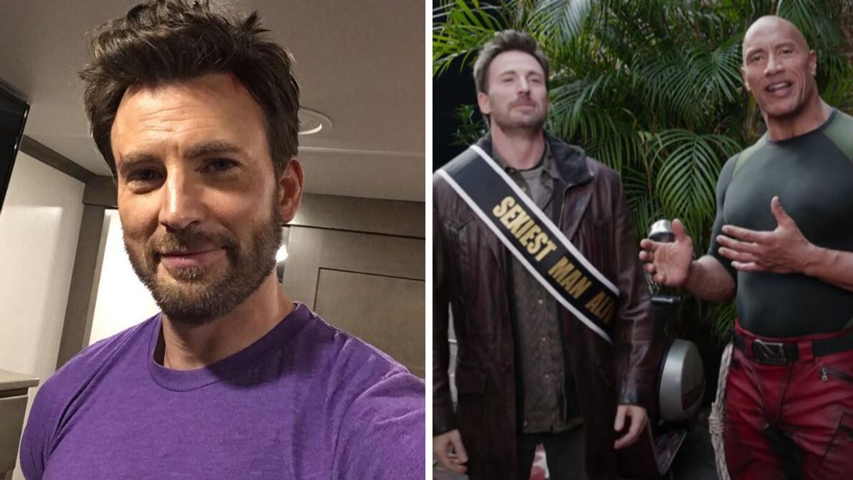Chris Evans. Right: Chris Evans and Dwayne Johnson.