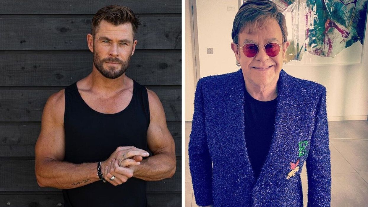 Chris Hemsworth. Right: Elton John.