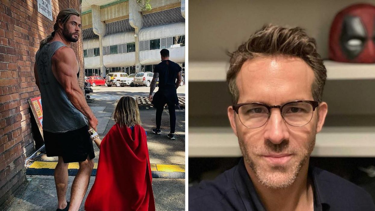 Chris Hemsworth with his kid. Right: Ryan Reynolds with a Deadpool mask in the background.