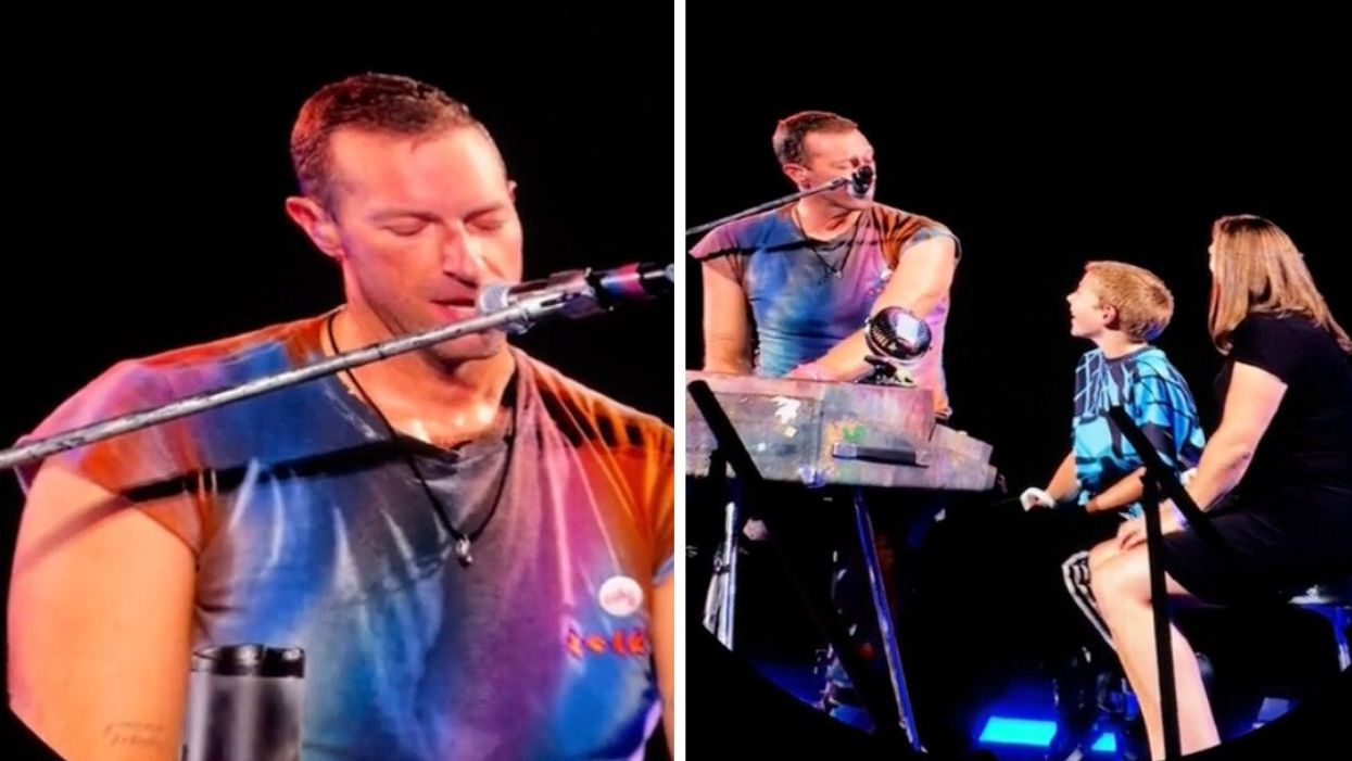Chris Martin singing a song for a fan at the Coldplay concert in Vancouver.