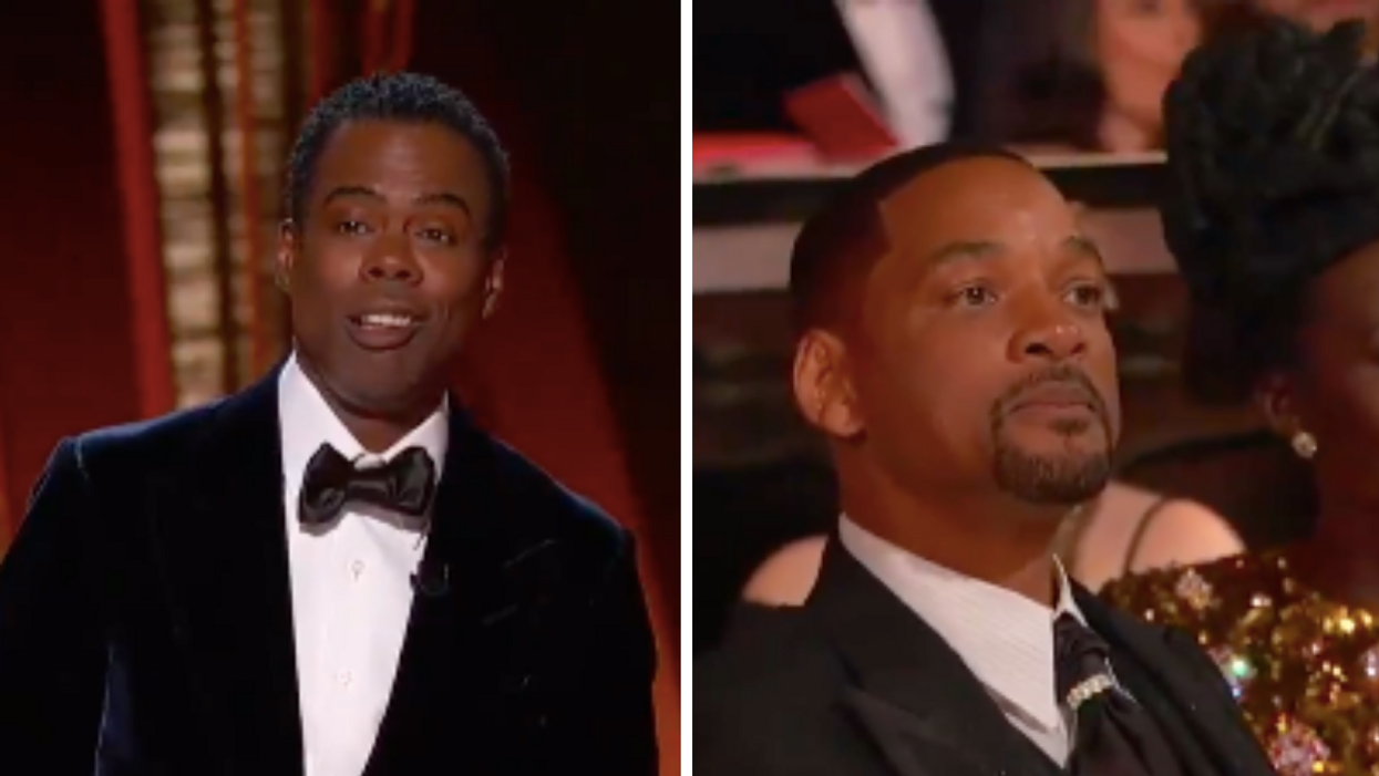 Chris Rock at the 2022 Oscars. Right: Will Smith at the 2022 Oscars.