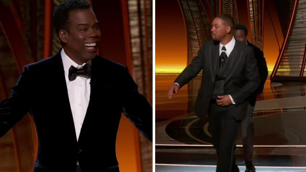 Chris Rock at the Oscars. Right: Will Smith walking away after the slap.