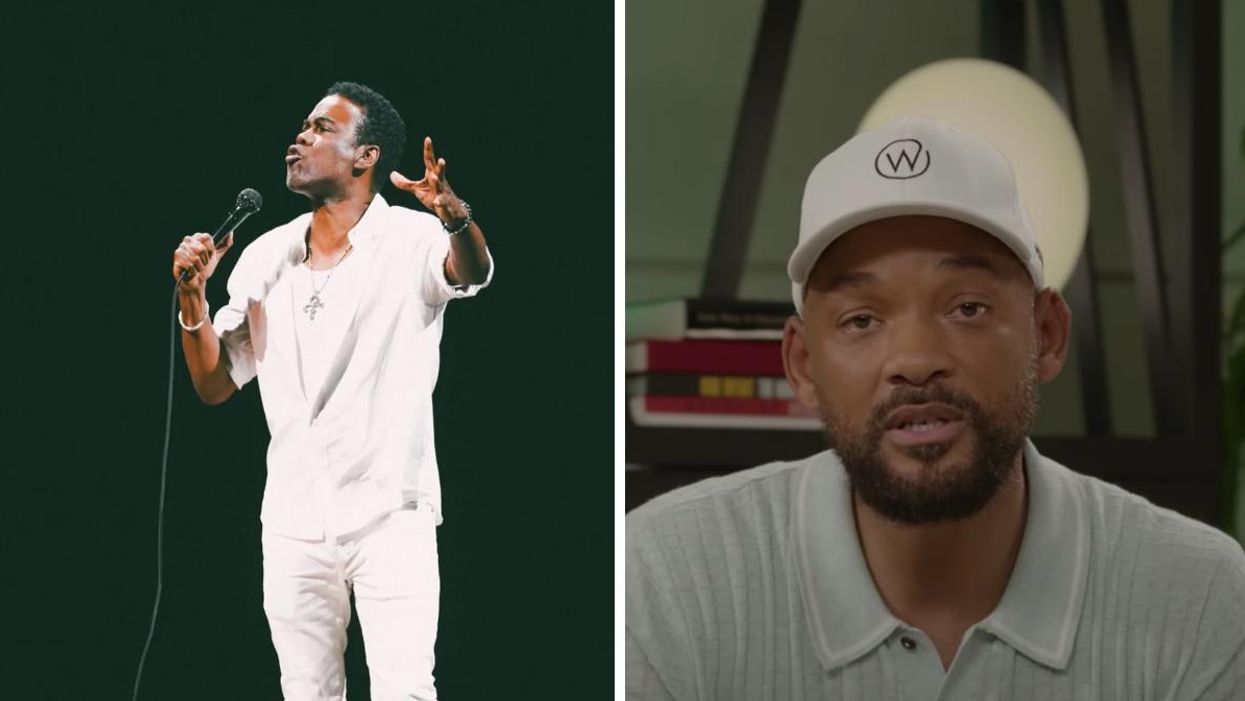 Chris Rock during a comedy show. Right: Will Smith in his apology video.