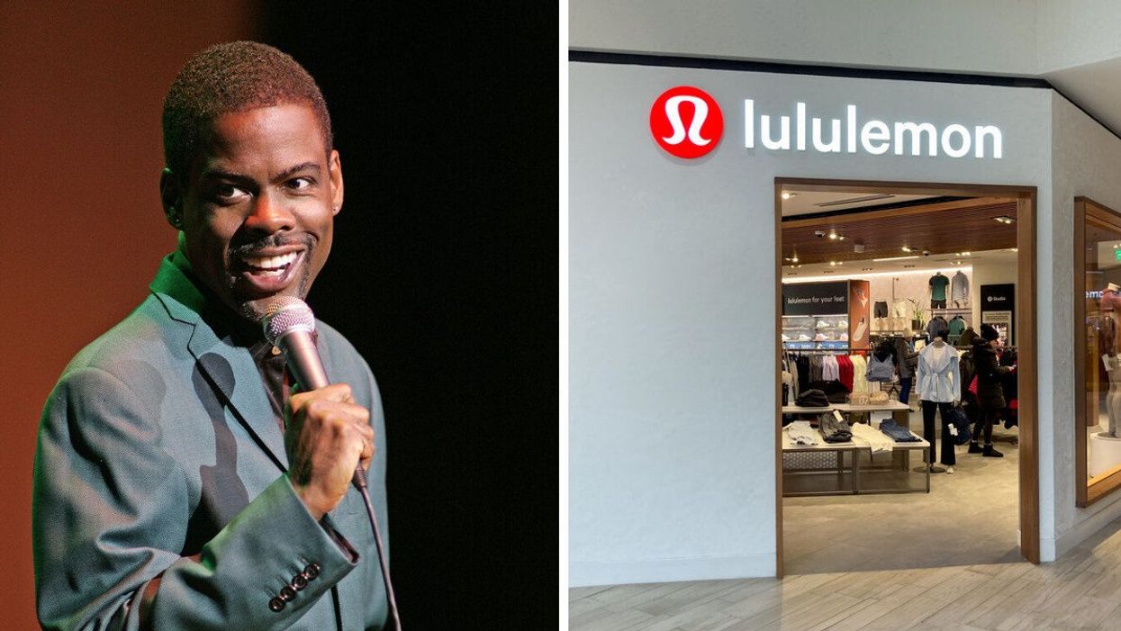 Chris Rock performing on stage. Right: Lululemon storefront.