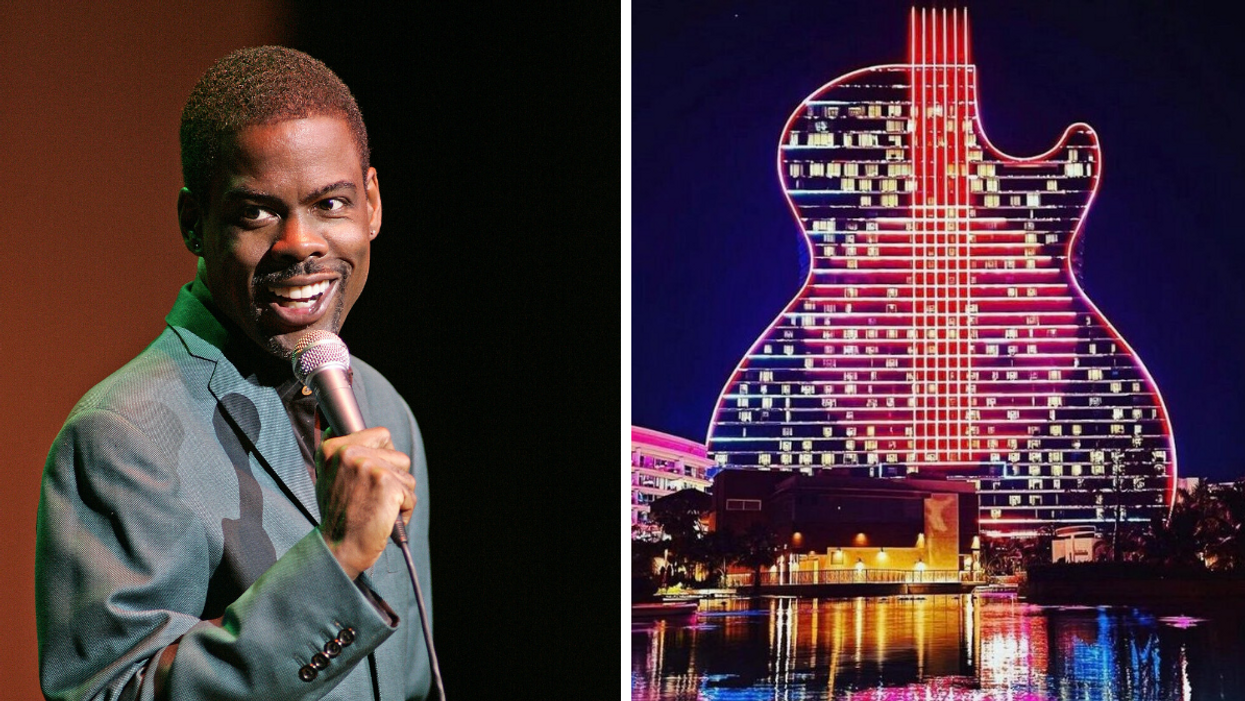 Chris Rock performing standup. Right: The Hard Rock Hollywood Guitar Hotel.