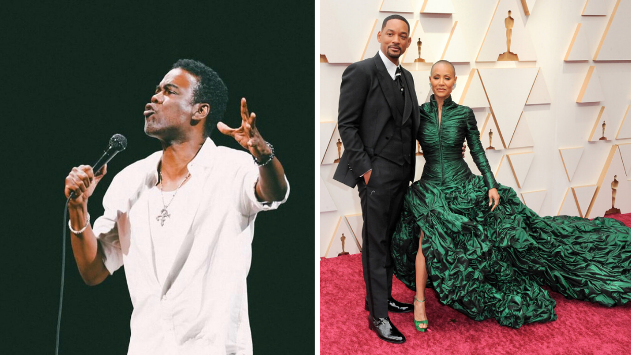 Chris Rock. Right: Will Smith and Jada Pinkett Smith.