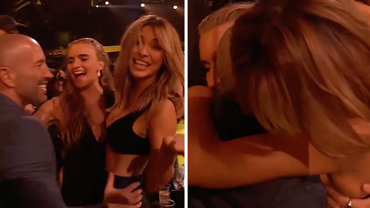 Chrishell Stause, Jason Oppenheim and G-Flip at the MTV Awards. Right: The three of them hugging.