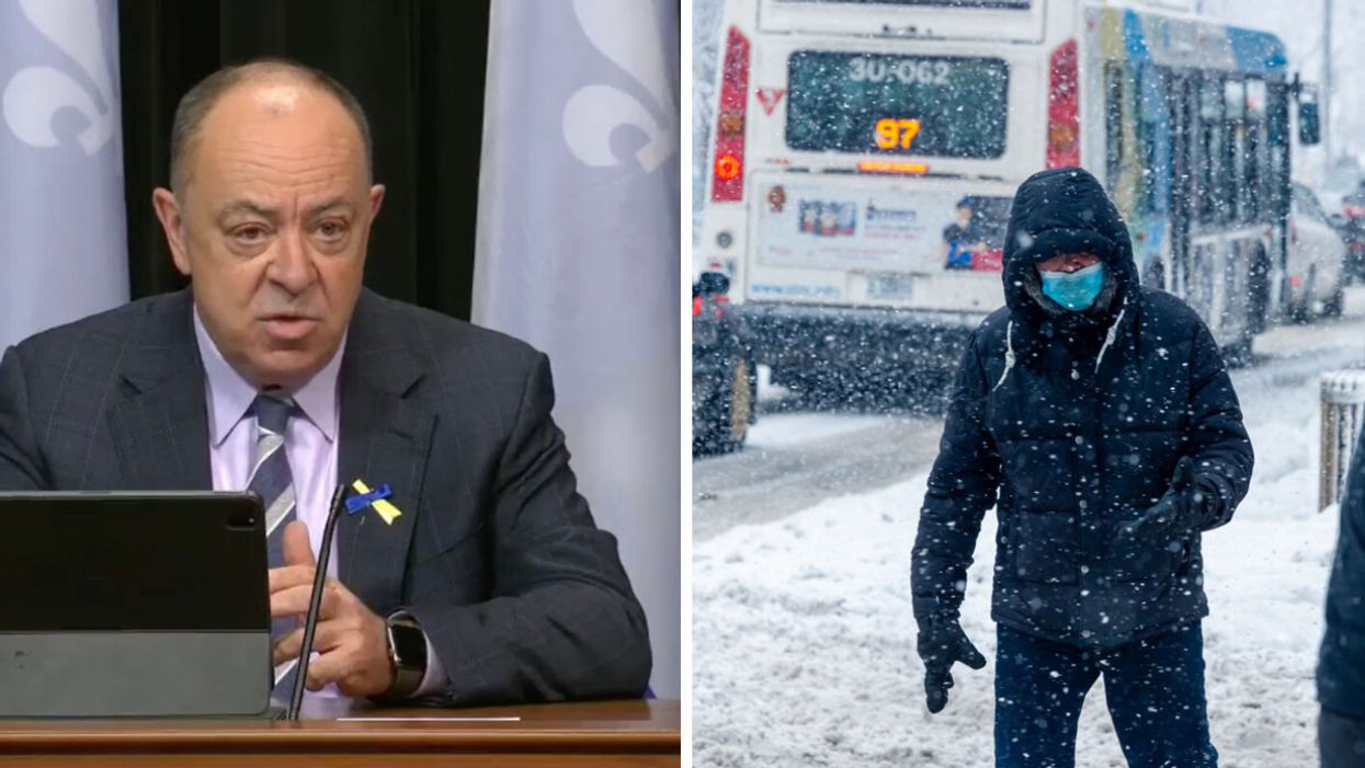 Christian Dubé. Droite : Homme avec un masque.