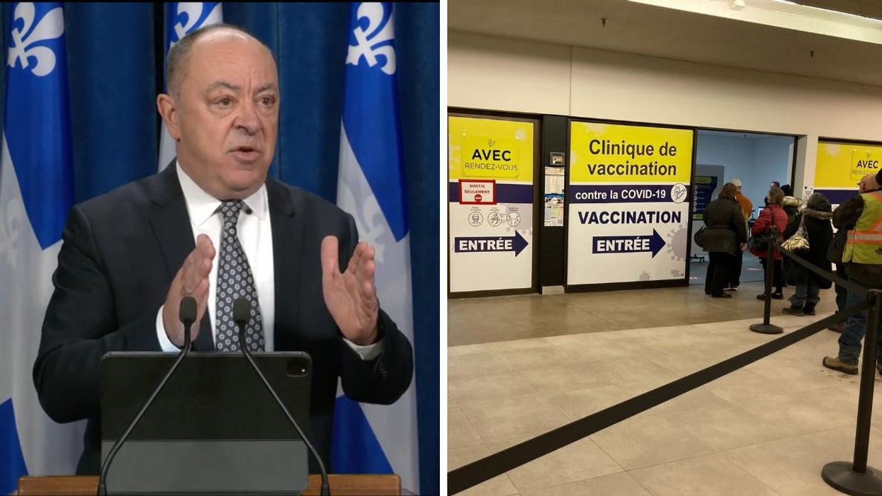 Christian Dubé. Droite : une clinique de vaccination.
