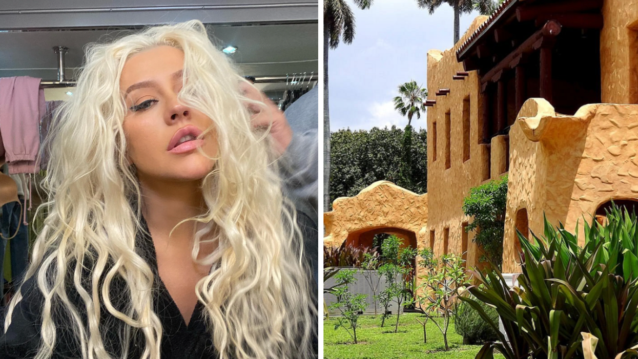 Christina Aguilera with long blonde wavy hair. Right: The Curtiss Mansion exterior.
