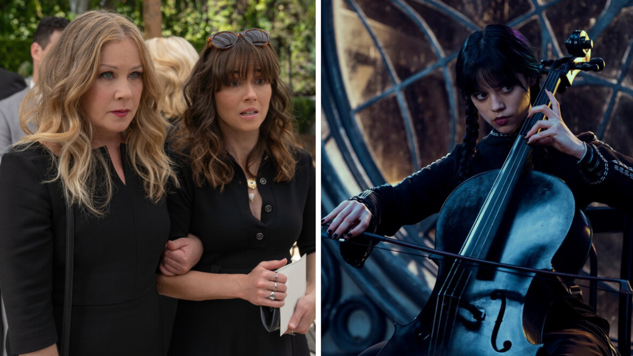 Christina Applegate and Linda Cardellini. Right: Wednesday Addams playing the cello.
