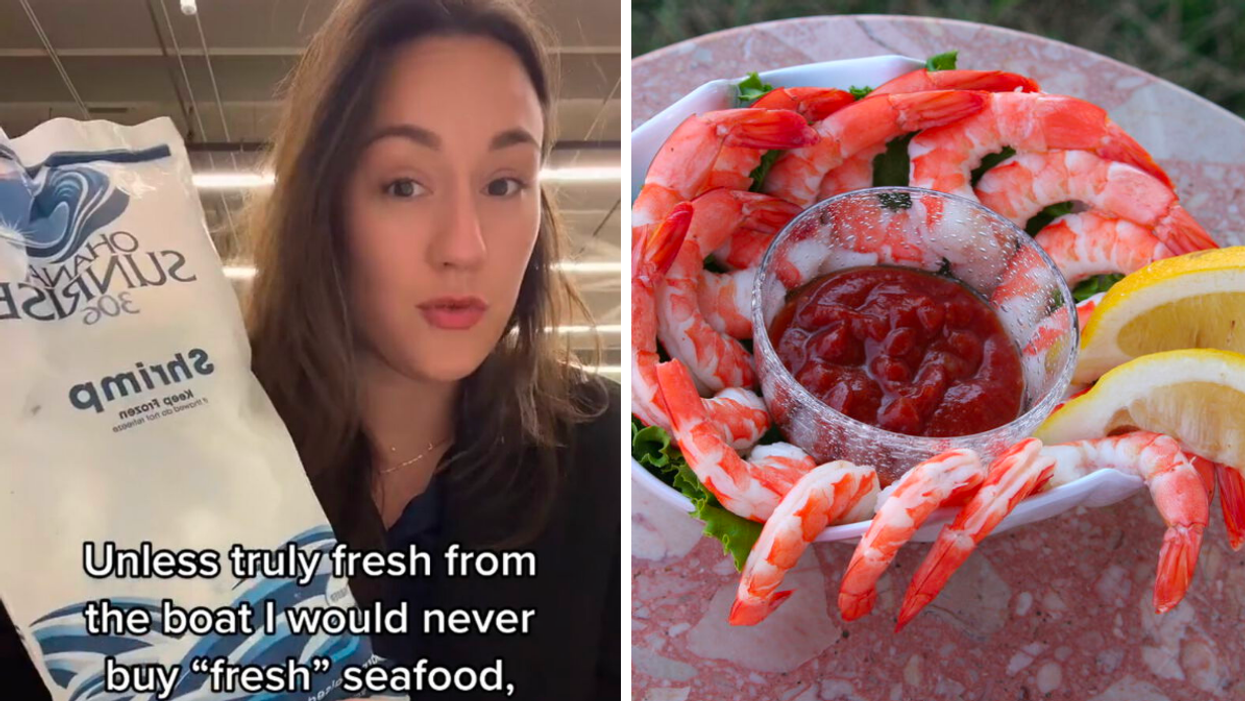 Christina holding a bag of frozen shrimp in her viral TikTok video. Right: A shrimp cocktail.