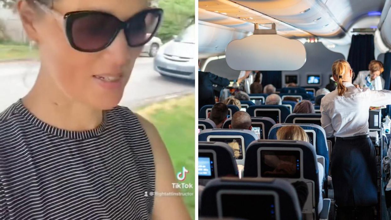Christina Ling's TikTok. Right: Flight attendants serving passengers.