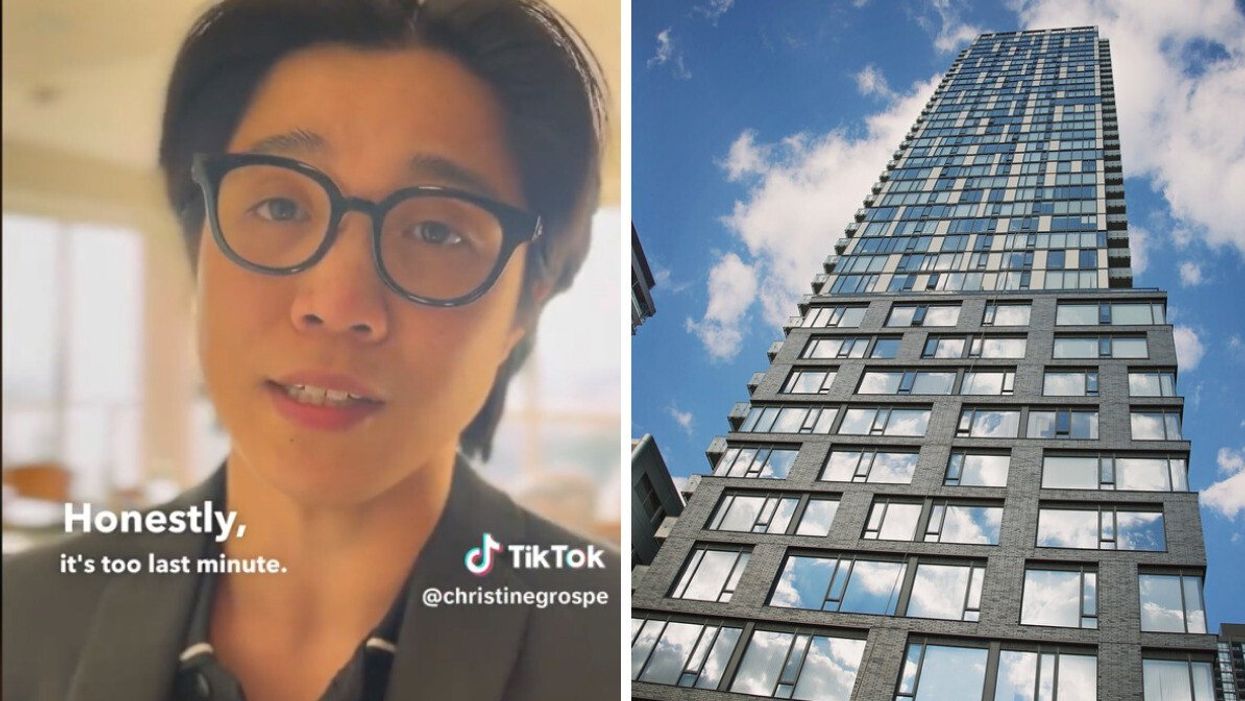 Christine explaining renter rights in video. Right: Condo building in Toronto.