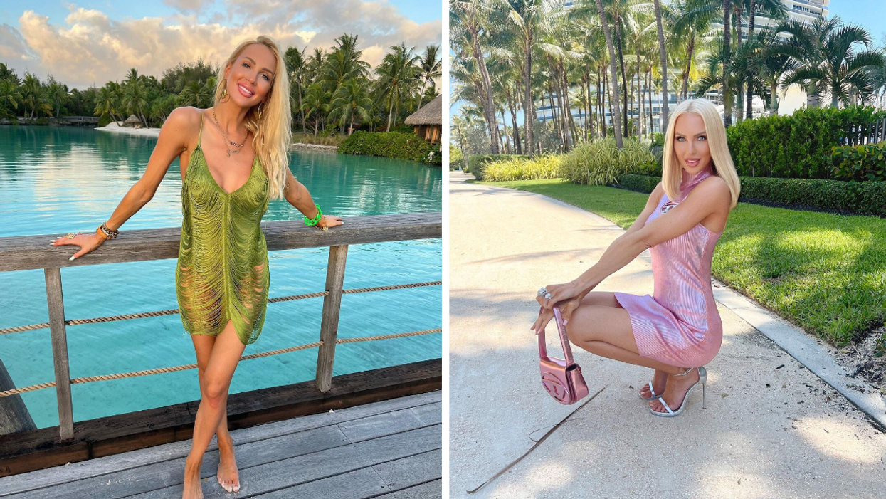 Christine Quinn in a green dress cover-up. Right: Christine Quinn in Miami, FL.