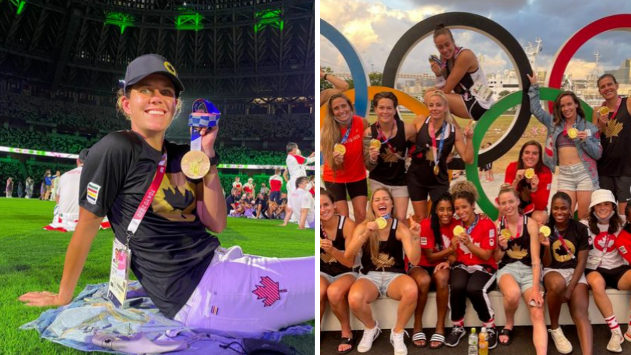 Christine Sinclair holding up a medal. Right: Women's soccer players at the Olympic Games in Japan in 2021.