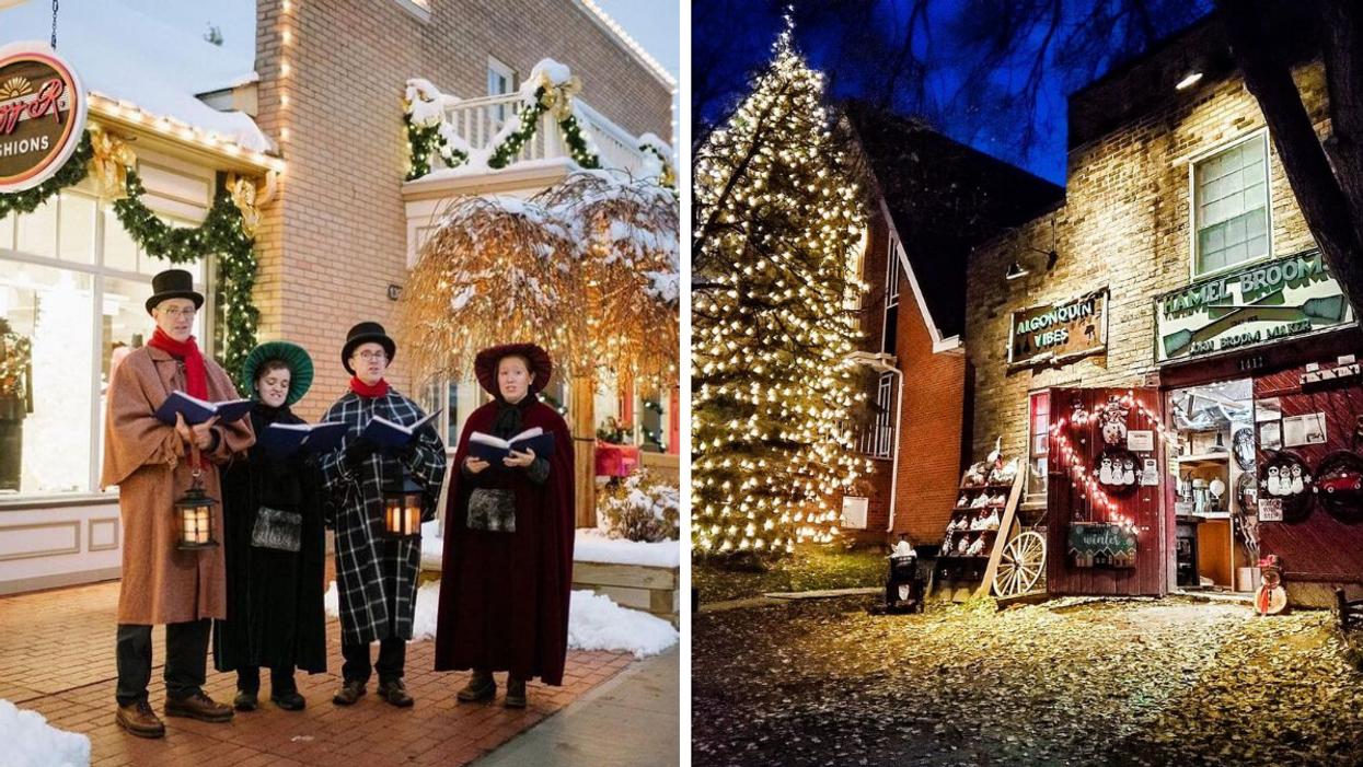 Christmas carollers in Victorian costumes. Right: Historic building covered in twinkly lights.