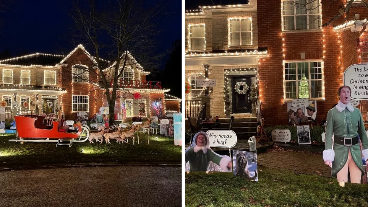 Christmas house in Stittsville, Ottawa. Right: Buddy the Elf photos on an Ottawa lawn.
