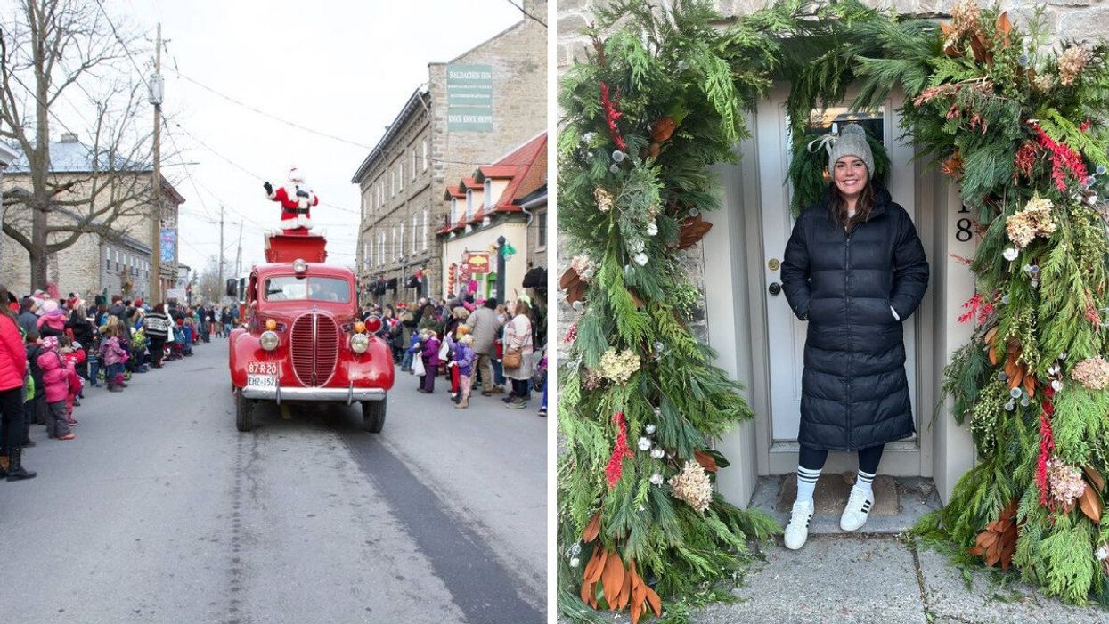 Christmas in Merrickville. Right: A person standing beneath a garland arch.