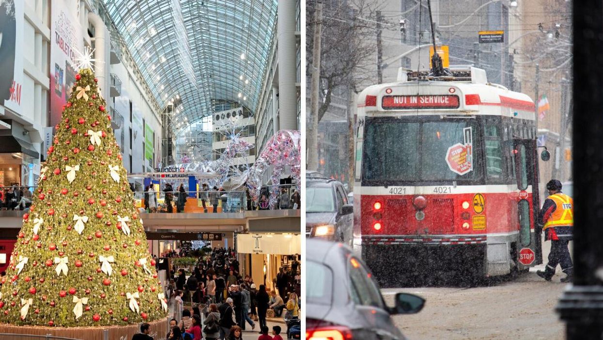 Christmas in the Eaton Centre. Right: A TTC street car.