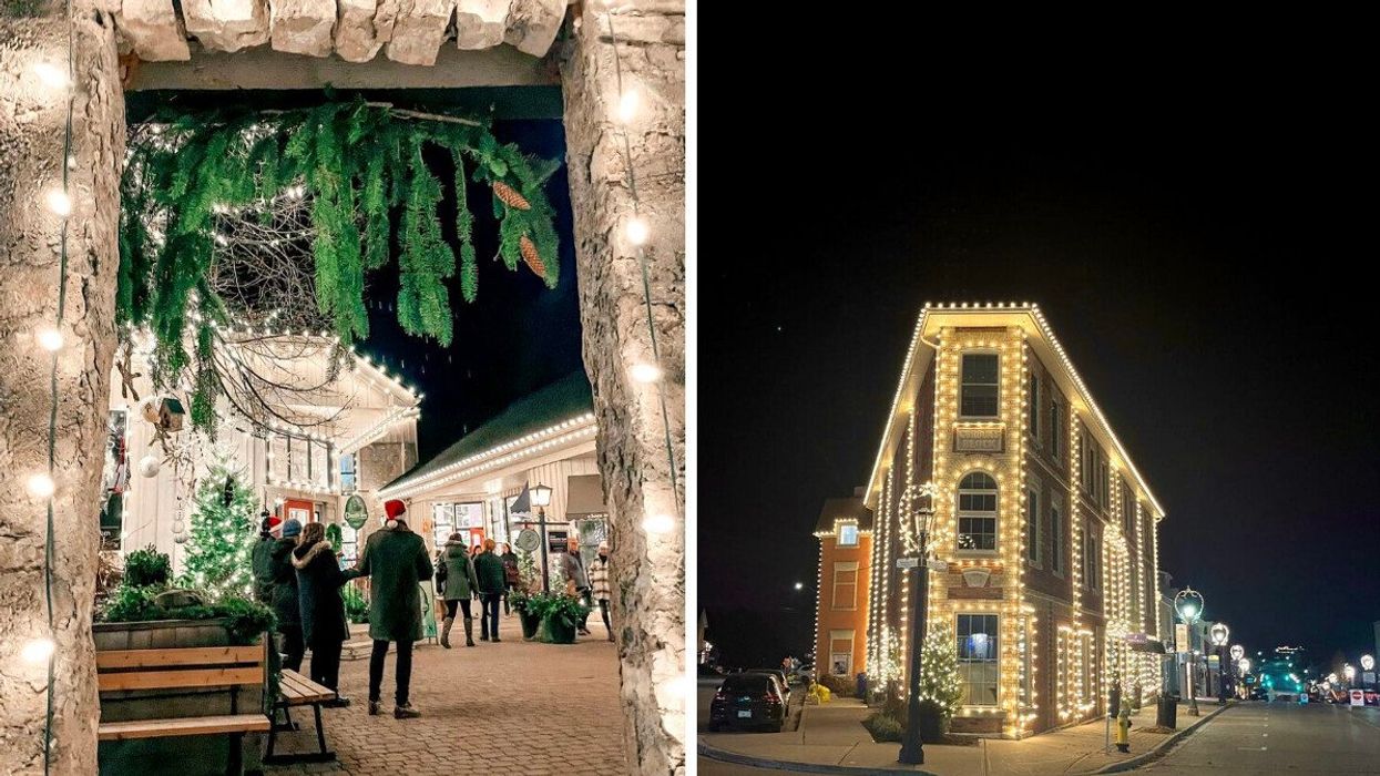 Christmas lights in Elora, Ontario.