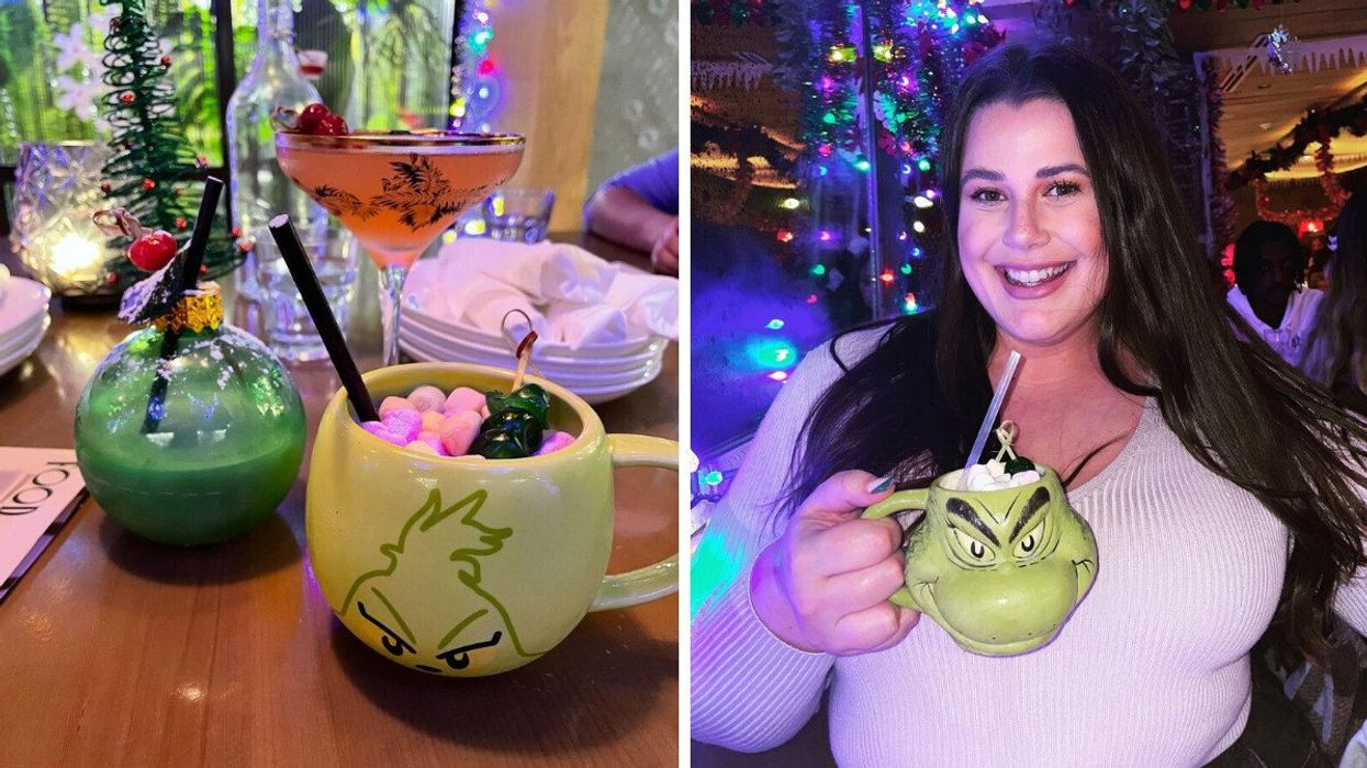 Christmas-themed cocktails on a table. Right: A person holding a Grinch mug.