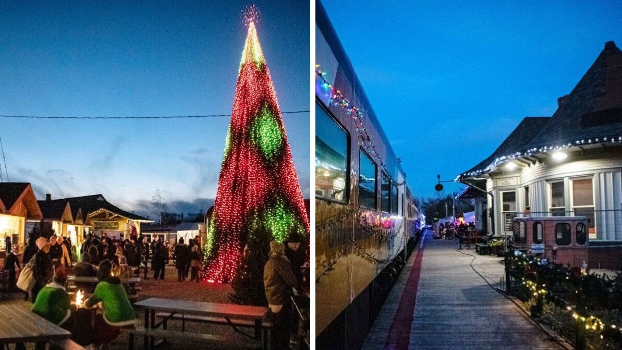 Christmas tree and market. Right: Train with Christmas lights.