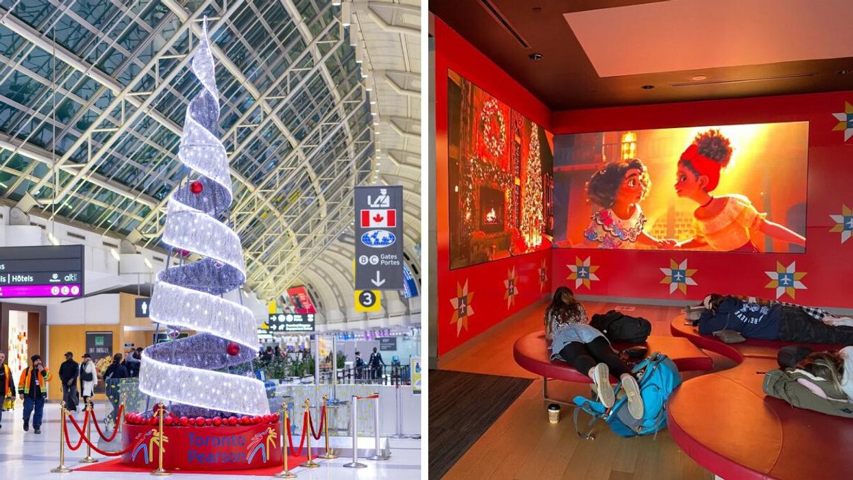 Christmas tree at Pearson Airport. Right: Movie lounge at Pearson Airport.