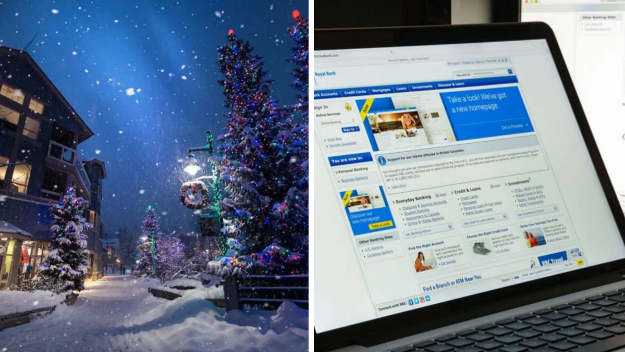 Christmas tree covered in snow in Whistler. Right: An online banking website.