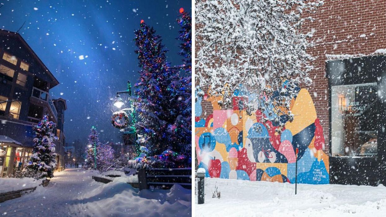 Christmas tree covered in snow in Whistler. Right: Montreal during a snowstorm.