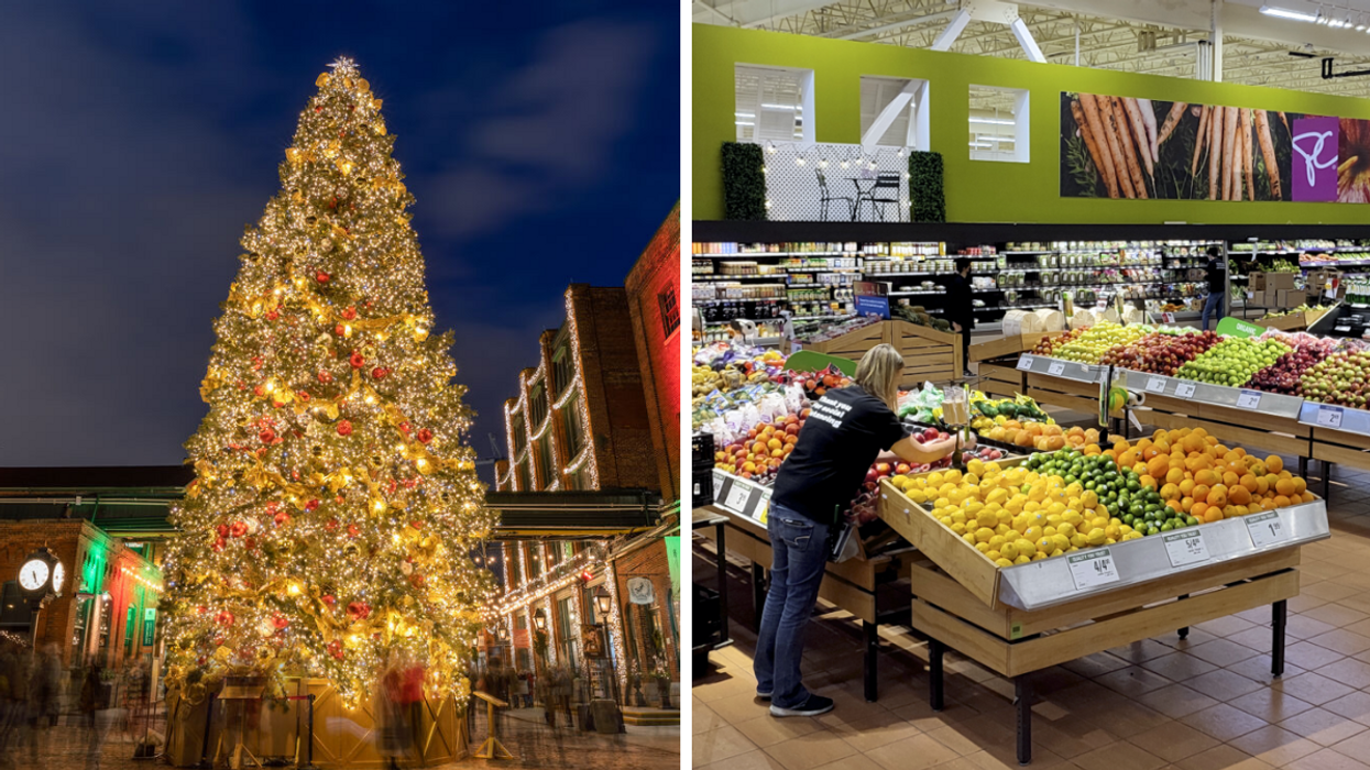 Christmas tree. Right: Grocery store.