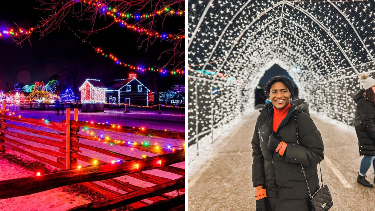 Christmas village covered in rainbow lights. Right: Woman in a tunnel of twinkly lights.